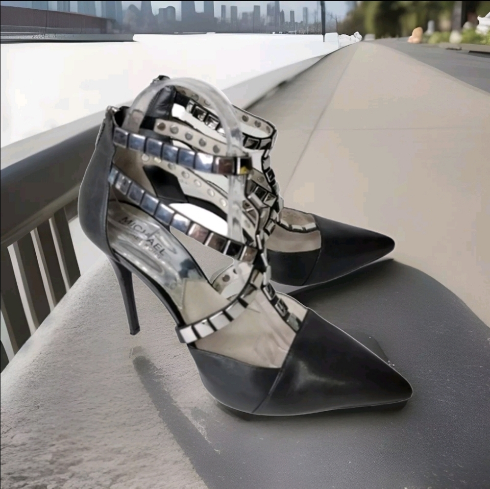 Michael Michael Kors black silver Chantelle T strap heel formal  shoes size 8M *
